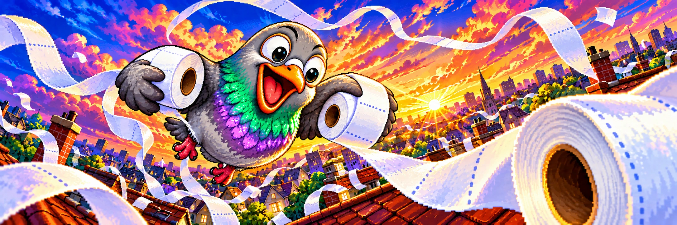 The pigeon flies over a sunset city trailing endless ribbons of toilet paper